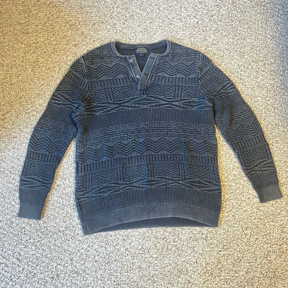 Pendleton Cotton Sweater Men Size L Gray Black Button Henley Pullover 3D Texture
